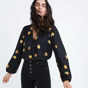 Madewell Long Bubble Sleeve Surplice Wrap Top with Yellow Florets - Size Small